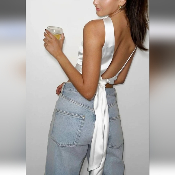 NWT Zara White Satin Effect Open Tie Back Top, Size L - Picture 6 of 9